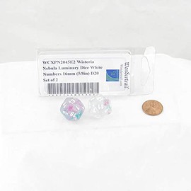 Wisteria Nebula Luminary Dice with White Numbers 16mm (5/8in) D20 Set of 2 Wondertrail
