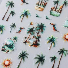 Summer Nails Stickers Spring Nails Sticker 5D Embossed Green Coconut Tree Self Adhesive Sticker Yellow Flower Designs Nail Decals Sunset Nail Art Decals Summer Decals for Nail DIY Manicure 2Sheets