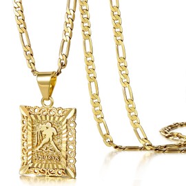KissYan Zodiac Pendant Necklace for Women Men, 14K Gold Plated Square Constellation Sign Horoscope Figaro Chain Jewelry Birthday Gift(Aquarius)