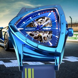 FORSINING Skeleton Watches for Men, Automatic Mechanical Watch with Triangle Dial, Luminous Self Winding Watches Soft Silicone Strap