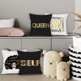 FLDAS Inspirational Black Girl Woman Magic Decorative Throw Pillow Covers,Black Queen African Women Girl American Gifts Pillow Case Covers for Girls Room College Dorm,18×18 Inch Set of 4