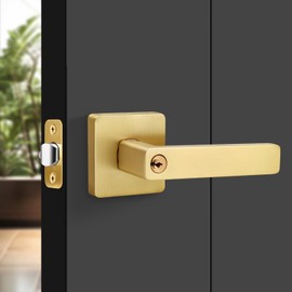 Gaurqiah Brushed Gold Door Handles, Heavy Duty Keyed Entry Door Lever with Lock, Reversible Square Door Handle with Keys for Entrance Front Door, Satin Brass