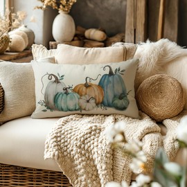 NUTEEN Fall Watercolor Pillow Covers 20x12，Autumn Thankful Blue Orange White Pumpkins Throw Pillowcases Cushion Cover for Couch Bedroom Outdoor Farmhouse Decor Lumbar