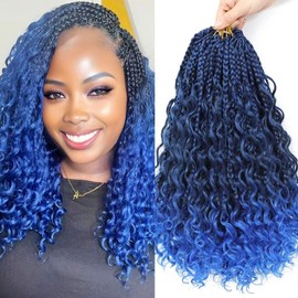 Iluadme Crochet Hair for Black Women 14inch Goddness Box Braids Crochet Hair With Curly Ends Ombre Blue Bohomian Crochet Braids Hair