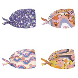 Yuuxorilu Scrub Cap Set 4 Pack,Women Men Working Cap with Adjustable Tie Sweatband, Hippie Daisy Floral, One Size