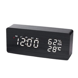 Radio Clock, Digital Alarm Clock, Loud Volume, 3 Pairs of Alarms, Snooze, Thermometer/Hygrometer, LED Display, Easy to Read Brightness Adjustment, Set Memory, Stylish, Wood Grain Style, Bedroom,