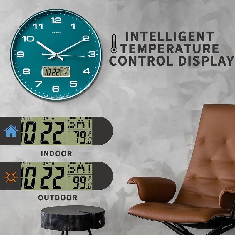 TIMESS Wall Clock, 12" Dial Non-Ticking Silent Battery Operated Analog