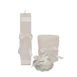 Kit de Bautizo Blanco Con Cirio Vela Concha Pewter Toalla