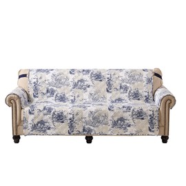 Brilliant Sunshine Blue Toile Couch Cover, Quilted X-Large Sofa Slipcover, 78" Seat Width, Slip Resistant Furniture Protector, 2" Strap, Washable Couch Cover for Pets, Kids, Dogs, Cats, Blue Beige