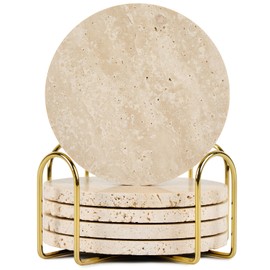 YONGHEE Italian Travertine Coasters Set of 5 with Holder, Round Beige Marble Drink Coasters for Coffee Table Decor Housewarming Gift, Unique Natural Stone Absorbent Coaster for Surface Protection