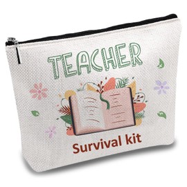 CREATCABIN Makeup Bag for Teachers, Cosmetic Bag Made of Canvas, Multi-Purpose Pen Case, Zip, Toiletry Bag, Travel Bag, Purse, Bag, Portable Survival Kit, Large Gift for Women, 25 x 18 cm