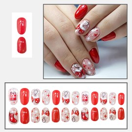 RIICFDD Christmas Press on Nails Short Almond Fake Nails with Christmas Red Gloves Designs Glossy Glue on Nails Christmas Socks Gift Full Cover Star False Nails for Women Acrylic Nails 24 pcs