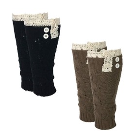 Fashion Culture Women's Crochet Lace Trim Leg Warmers Boot Toppers Set of 2, Black Mocha