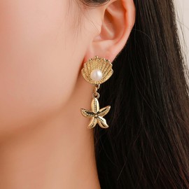 Cimenexe Bohemian Metal Starfish Pearl Dangle Earrings Starfish Shell Pearl Drop Earrings Gold Clam Pearl Stud Earrings Sea Star Scallop Earrings Jewelry for Women and Girls Gifts