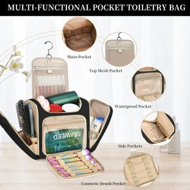 LOKASS Toiletry Bag for Women, Travel Makeup Cosmetic Bag with Hanging Hook for Shampoo Toiletries Full-size Container, Water-resistant Travel Organizer Bag Gift for Women (Large, Blackl)