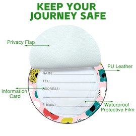 iapodiad Round Luggage Tag for Suitcases,Retro Style Flowers 2 Pack Leather Travel Luggage Tags with ID Label Privacy Flap and Steel Loop for Women and Men Suitcases Travel Bags Luggage Bags