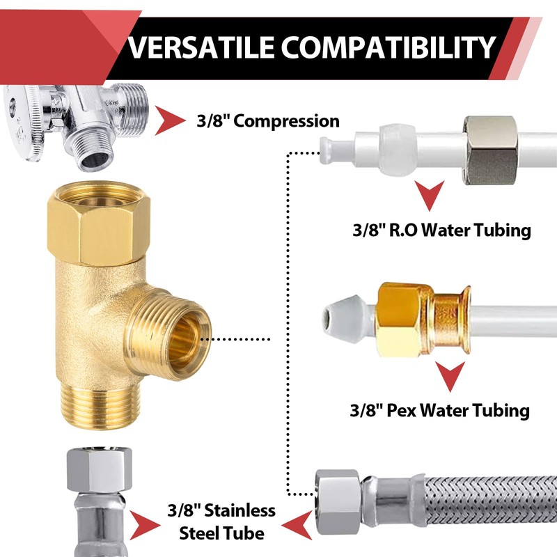 EFIELD Angle Stop Add-on Tee Valve, 3/8" Compression Inlet x