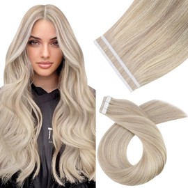 Moresoo Tape-In Extensions Real Hair Blonde Hair Extensions Real Hair Tapes in Ash Blonde with Bleach Blonde Tape in Extensions Blonde Remy Hair Extensions #18/613 10 Pieces / 25 g 50 cm