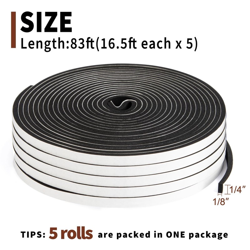 Yotache Weather Stripping Door Seal Strip 1/4" x1/8", 5 Rolls