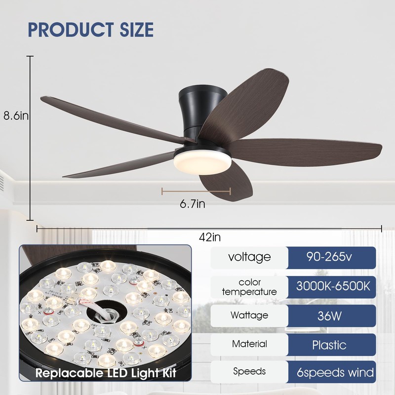 Surtime Ceiling Fans with Lights-42 Low Profile Ceiling Fan with