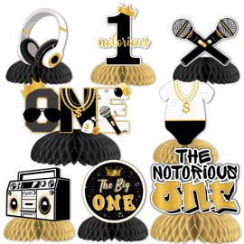 8Pcs The Notorious One Birthday Decorations, Black Gold 1st Birthday Honeycomb Centerpieces - The Big One Theme First Birthday Decorations, Hip Hop 3D Table Decor for One Year Old Party Supplies