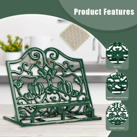 Vintage Cookbook Stand, Durable Wrought Cast Iron Recipe Book Holder for Kitchen Counter, Large Metal Cook Book Stand with Pumpkin Design, Green