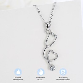 ABIGY Stethoscope Necklace 925 Sterling Silver Women's Necklace Pendant Gift for Doctors and Nurses and Medical Students, Sterling Silver
