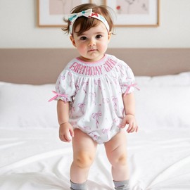 Baby Girl First Birthday Outfit Clothes Bow Print Birthday Girl Smocked Short Sleeve Romper Bodysuit Jumpsuit Top (Pink, 12-18 Months)
