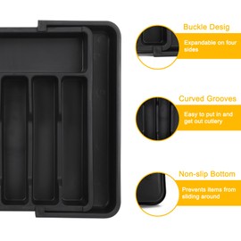 KIFEINHM Houseware Expandable Kitchen Drawer Flatware Organizer,Silverware Organizer Utensil Drawer Cutlery Tray, Black