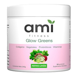 Ami Glow Greens - Jugo Verde Premium en Polvo con Colágeno y Probióticos, Superfoods, Enzimas Digestivas y Vitaminas - Apoyo para la Salud Intestinal, Piel Radiante y Energía | 30 Porciones | Pepino Limón
