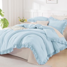 Andency Light Blue Comforter Full Size, 3 Pieces Solid Farmhouse Shabby Chic Ruffle Bedding Sets, All Season Soft Lightweight Comfy Down Alternative Bed Set for Girls Teens Men Women