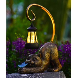 Acgarten Solar Garden Decor Statue for Ornament: Outside Sculptures Figurine for Art Patio Balcony Yard Lawn – Unique Birthday Gift for Lover Mom Women Grandma [Cat Tail with Lantern]