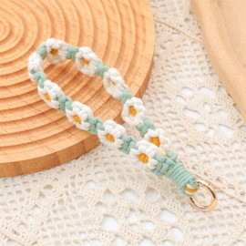 Qiansail Boho Macrame Wristlet Keychain, Cute Flower Keychain Keyring Bag Purse Charms Bracelet Wrist Lanyard for Women (White)