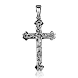 Leilani Hawaiian Jewelry Scroll Carved Cross Pendant Necklace, Men's, Silver 925