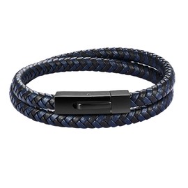 Forziani Mens Wrap Bracelet in Italian Nappa Leather - Adjustable Size - Genuine Black and Blue Chevron Woven Pattern Leather Wristband - Unique Gift for Men - Gifts for Him