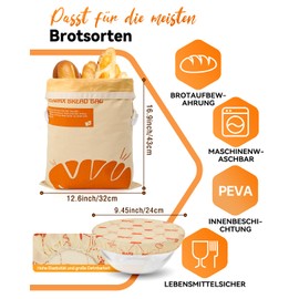 Natural Beeswax Bread Bag with Bowl Lid - Reusable Bread Bag to Keep Fresh for Homemade Sourdough Bread - Plastic-Free Bread Storage (Orange)