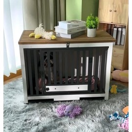 Aivituvin-AIR100 Wooden Dog Crate Furniture with Folding Design | Strong Iron Frame,Dog kennel Furniture,Pet cage - Color: White