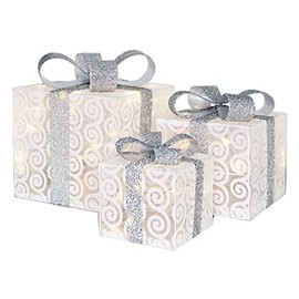 Queens of Christmas WL-3PK-GIFTS-WHSV 3 Piece Silver Lighted Gift Box Set