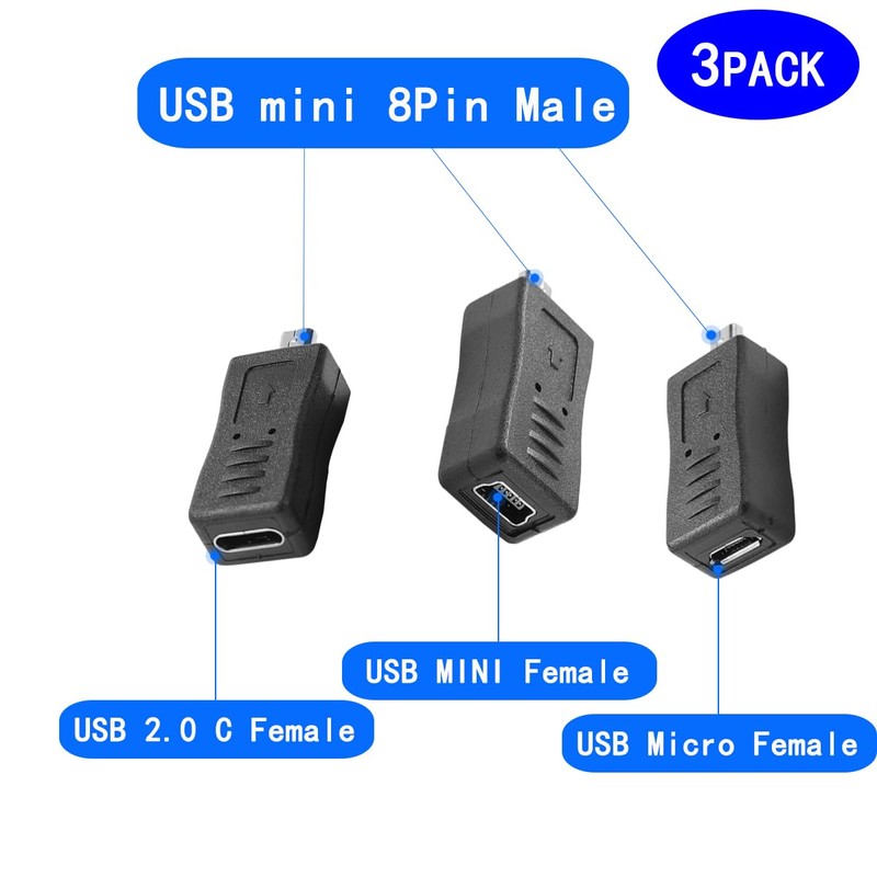 rgzhihuifz USB Mini 8-Pin Male to USB-C/Mini/Micro Female Adapter Set,