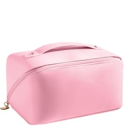 AmiCera Large Capacity Makeup Bag, Travel Essentials Waterproof PU Leather Cosmetic Bag, Makeup Organiser Multi-Layer,Thickened Storage Wash Bags,Travel Lightweight Toiletry Bags for Women, Pink