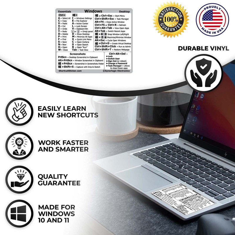 SYNERLOGIC Windows PC Reference Keyboard Shortcut Sticker | Vinyl, No-Residue
