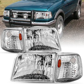 SOCKIR Headlight Assembly Replacement for 1993-1997 Ford Ranger Headlights + 4 PCS Corner Lights Headlamp Passenger and Driver Side (Chrome Housing with Amber Reflector)