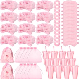Wavyknot 60 Pcs Spa Sleepover Party Supplies Bulk Include 12 Pink Hairbands 12 Sleep Eye Masks 12 Plush Hair Scrunchies 12 Glitter Cups 12 Organza Bags for Women Sleepover Slumber Spa Party Favor Gift