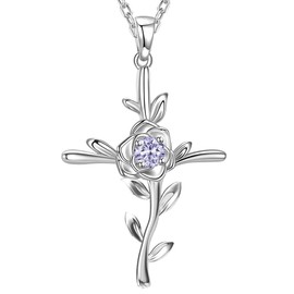 June Birthstone Necklace Women Valentines Day Birthday Gifts Mom Wife Love Rose Flower Hope Leaves Light Purple Alexandrite Jewelry Sterling Silver