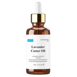 Lavender Castor Oil 1.7 fl. oz. Dropper, Cold Pressed, for hair, lashes, and brows growth thickening, massage oil, for cosmetic use. Lavender essential oil blended. with an empty plastic bottle.