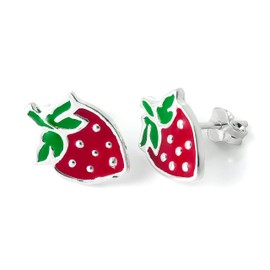 Sterling Silver & Enamel Strawberry Stud Earrings, Sterling Silver