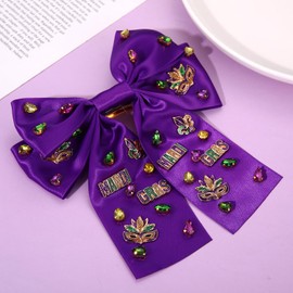 Mardi Gras Hair Bow Clips for Women Mask Fleur De Lis Hair Bows Jeweled Large Purple Hair Ribbon Bows Carnival Mardi Gras Accessories Outfits Parade Party Favors (Pattern C)
