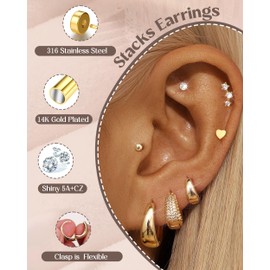 FIOROYAL 7Pairs Gold Hoop Earrings for Women 14K Gold Plated Small Huggie Hoops Hypoallergenic Lightweight Square Chunky Gold Hoop Dainty Cartilage Stud Earrings Sets for Multiple Piercing G1