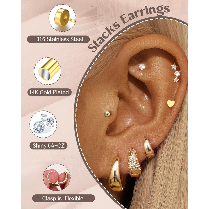 FIOROYAL 7Pairs Gold Hoop Earrings for Women 14K Gold Plated