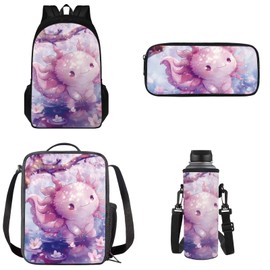 Tomeusey Backpack Set Soft Double Zipper School Bag, Cute Axolotl School Backpack with Leakproof Lunch Box Pencil Pouch Water Bottle Sleeve for School and Daycare